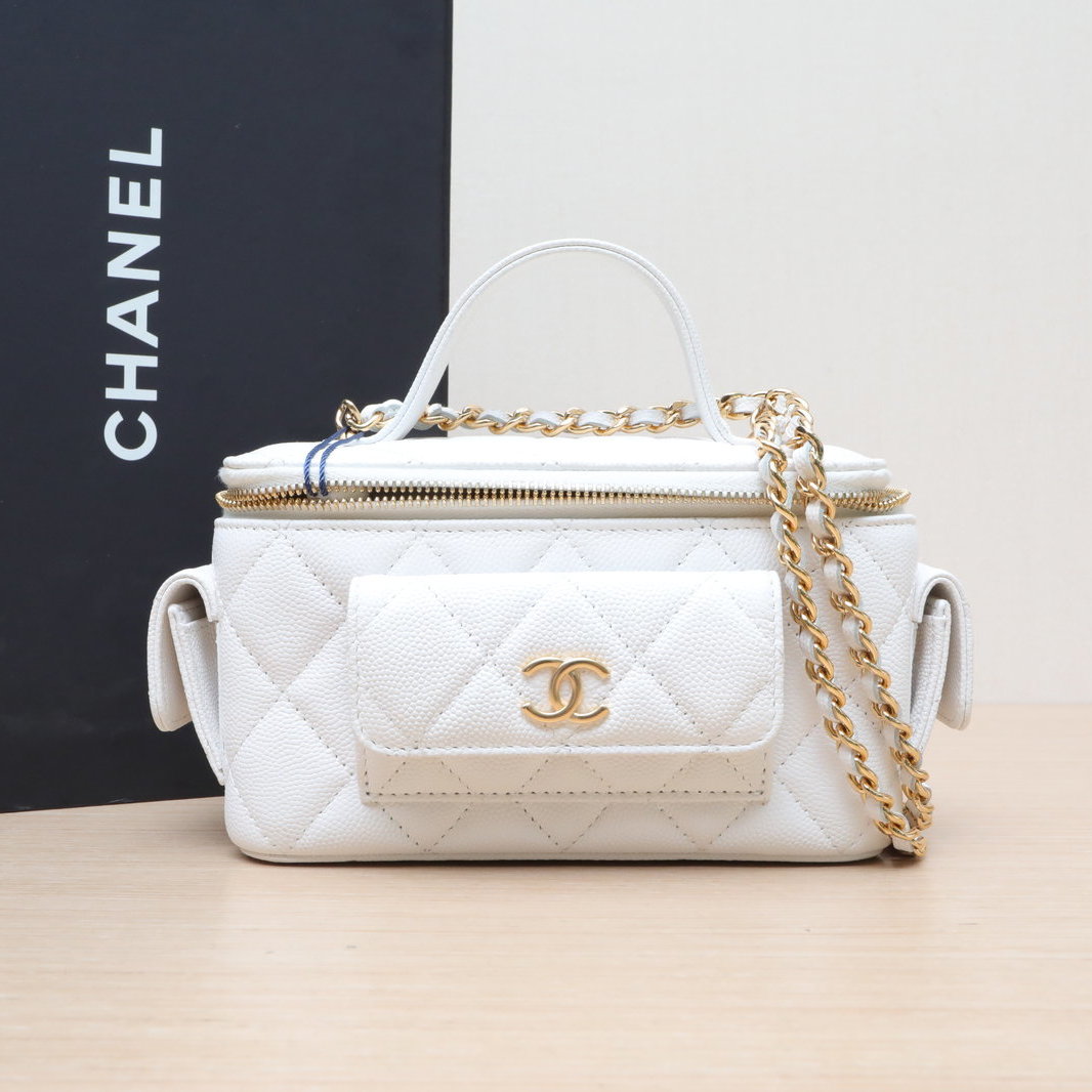 99新 Chanel/香奈儿 小花6枫23B Cargo长盒子化妆包 带镜子白色 