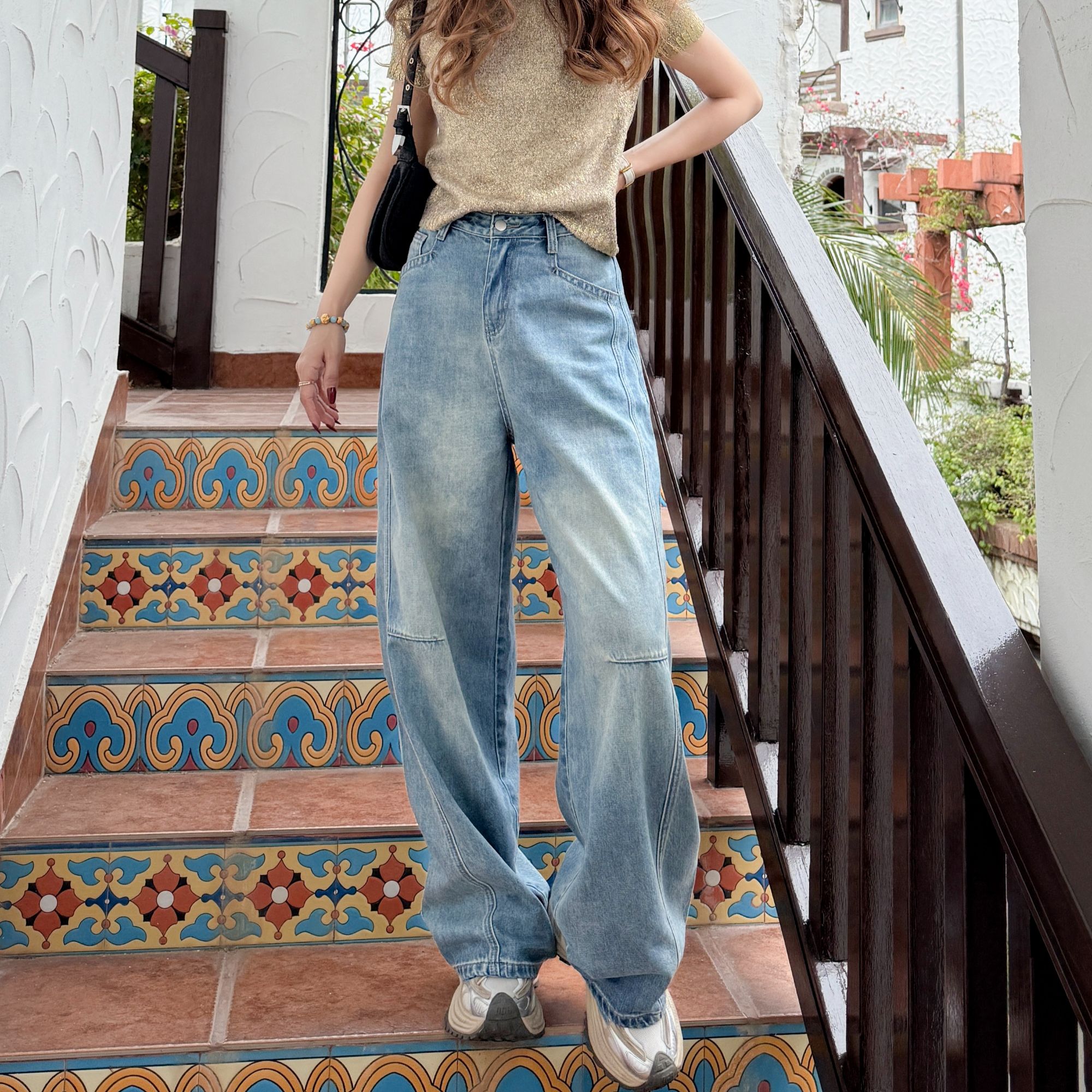 【现货】弯刀裤后口袋花纹民族风蓝色高腰直筒牛仔裤加长款弯刀裤