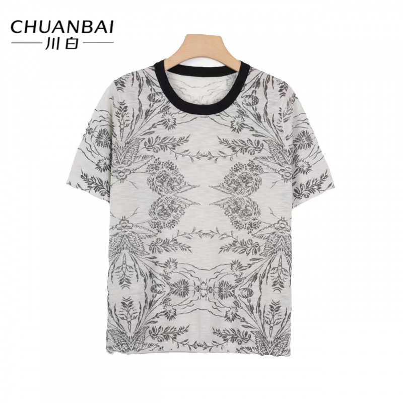 CHUANBAI 川白夏季新款亚麻水墨画复古休闲针织短袖百搭时尚