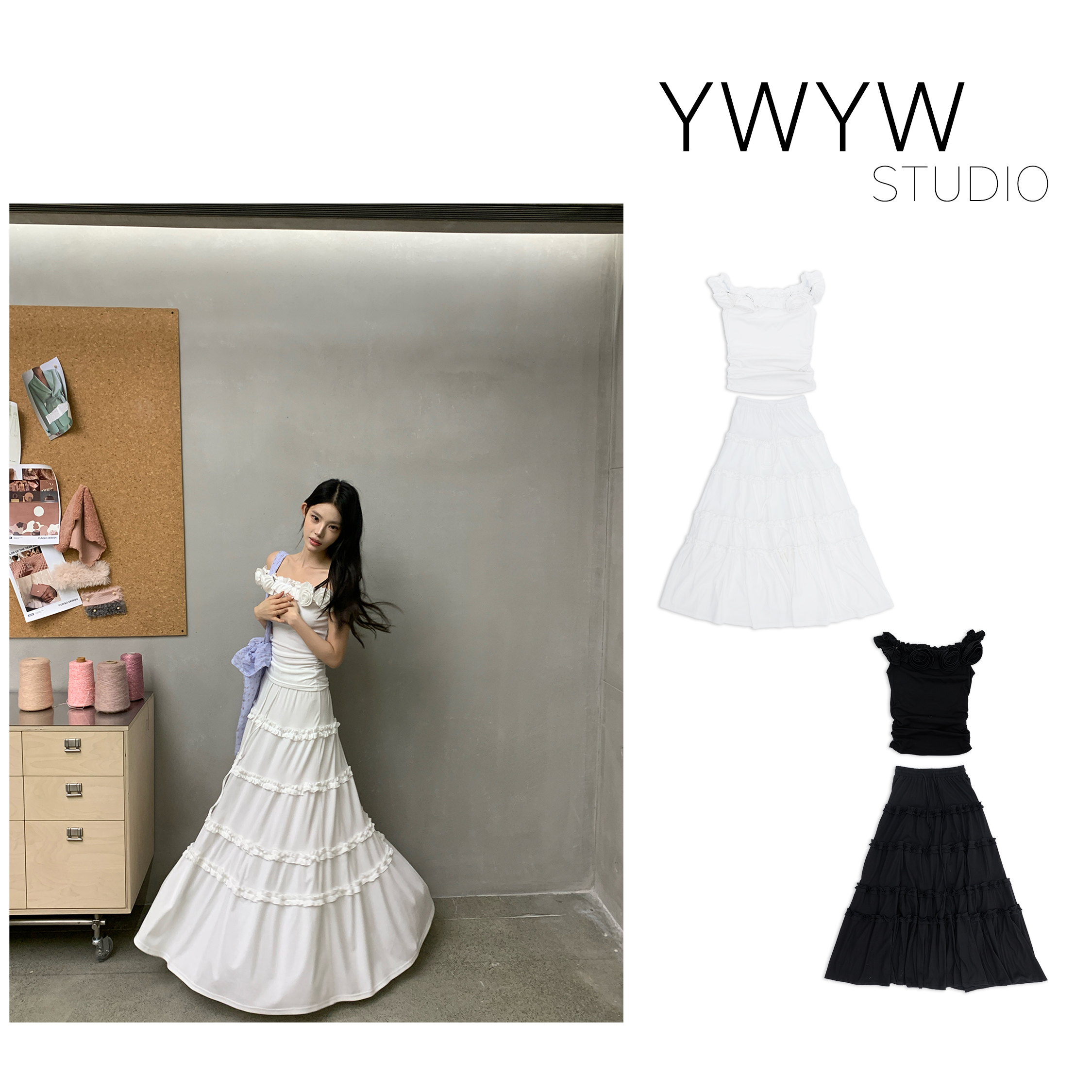 【福利款NO退换】玫瑰包边领抹胸上衣+多层包边A字长裙套装5081