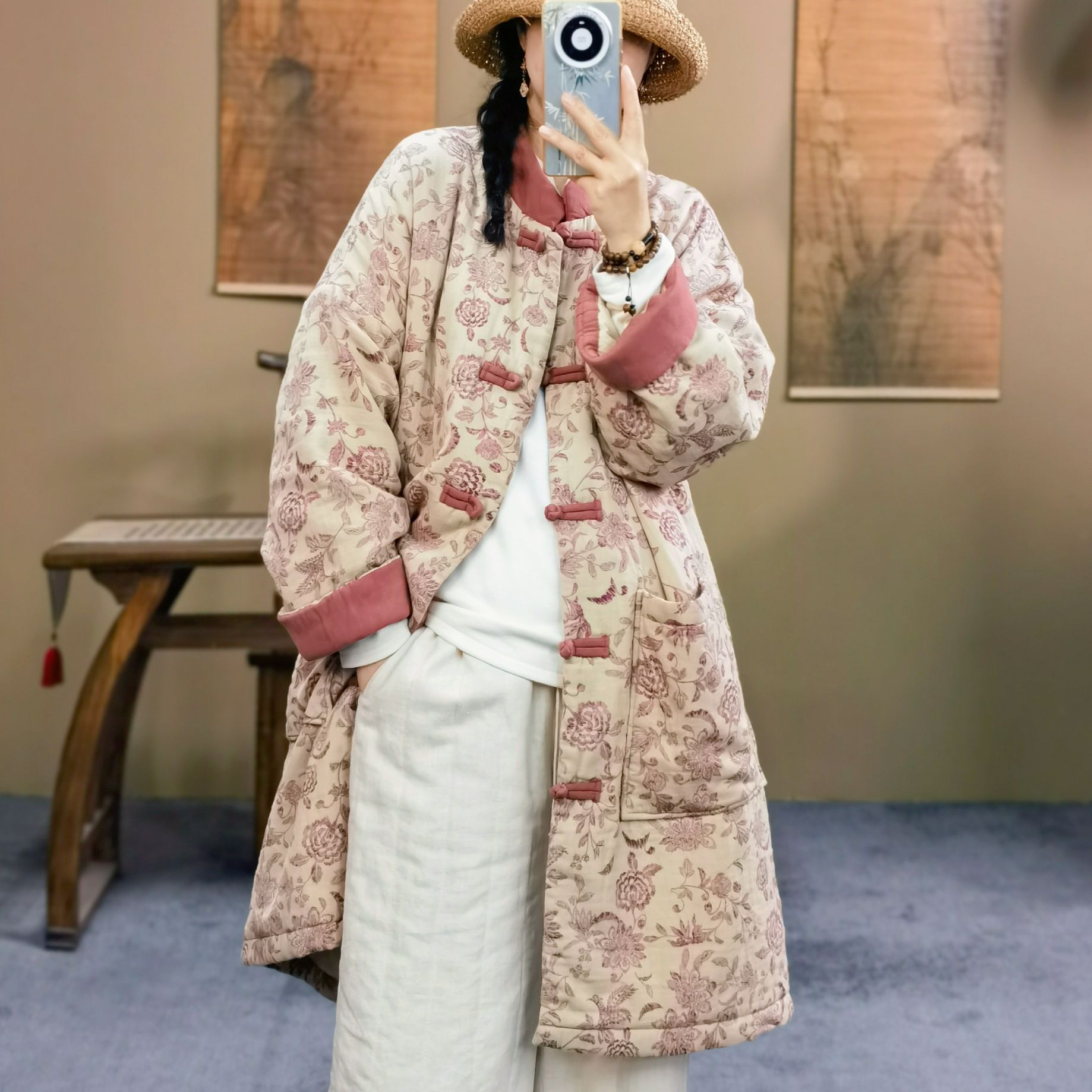 束心新中式冬装新款棉服复古立领盘扣拼色麻棉印花中长款棉衣外套