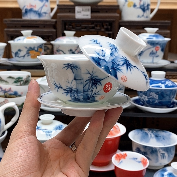 手绘竹子150cc悬停盖碗釉下彩微瑕福利款