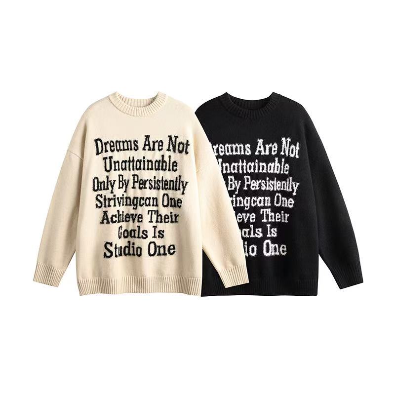 美式套头潮牌字母圆领针织衫男女宽松高街休闲毛衣上衣-3059