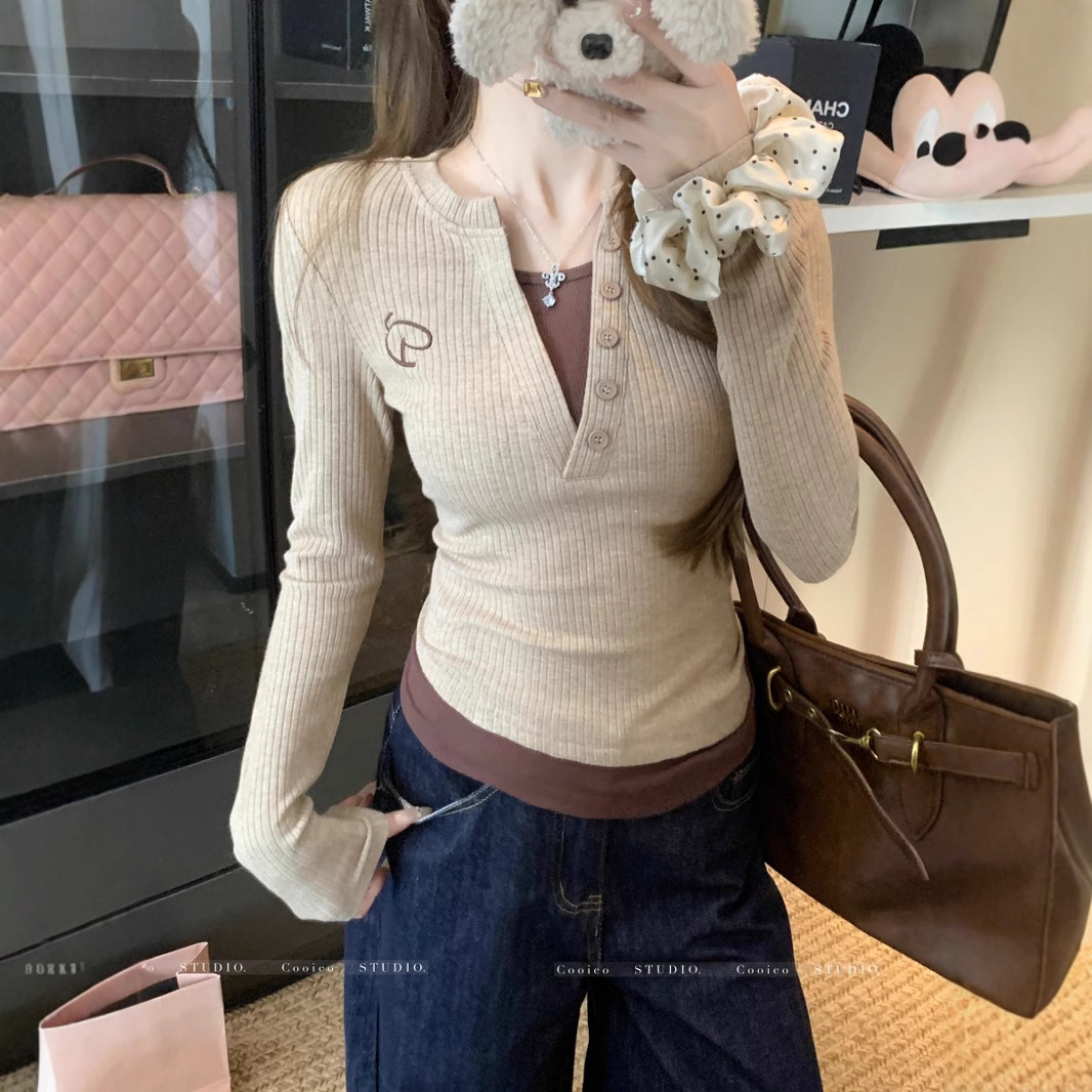 美式复古撞色假两件长袖t恤打底衫女春季新款辣妹修身显瘦短上衣