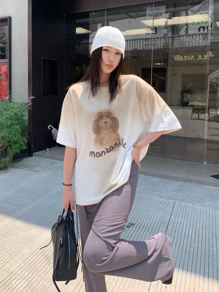 花朵狗狗印花短袖T恤