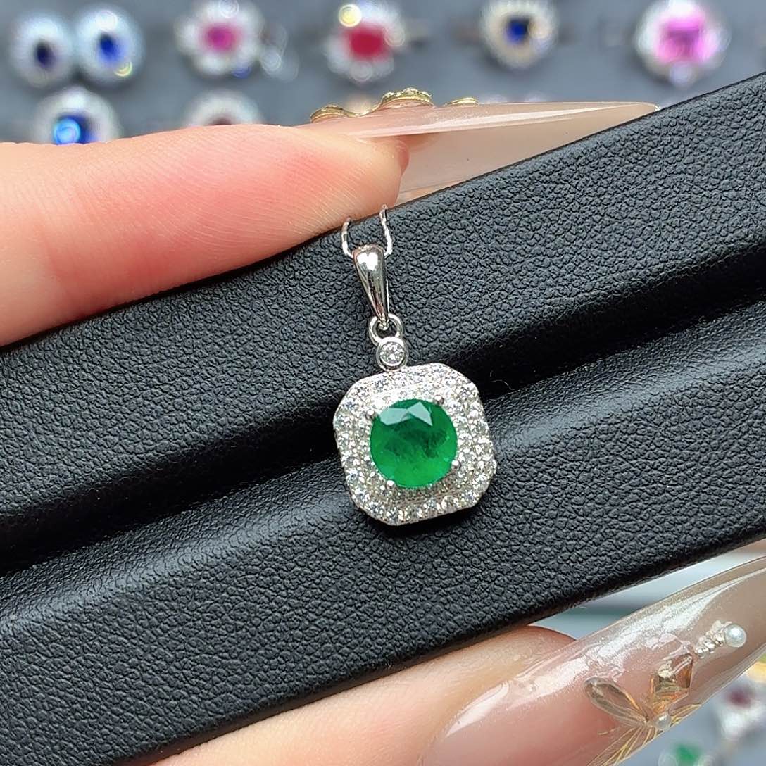 吊坠925银培育祖母绿色宝石