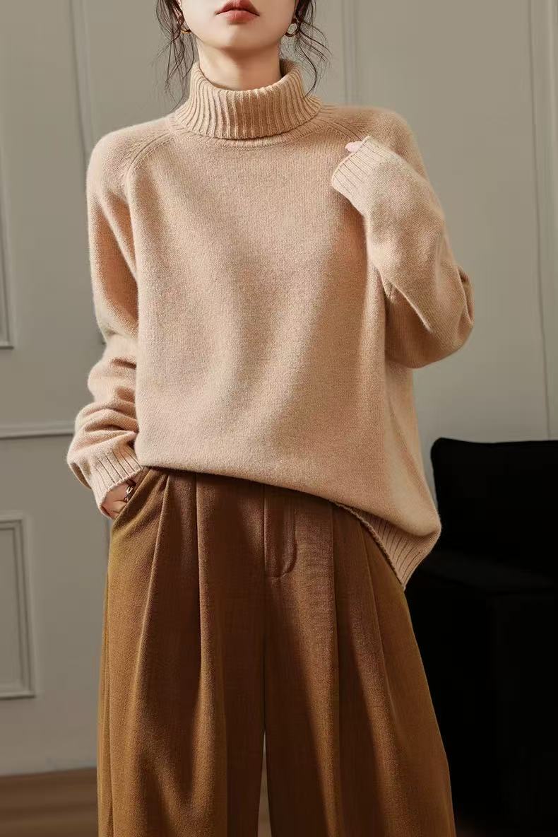 双面穿高端无缝一体山羊绒衫女高领毛衣秋冬套头针织衫5852（O）