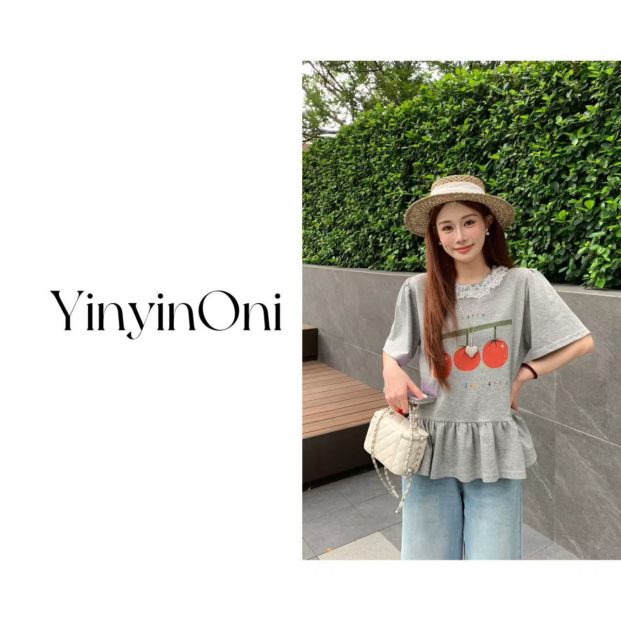 茵茵欧尼（喜番你）蕾丝拼接番茄短袖T恤 韩版夏季时尚减龄上衣