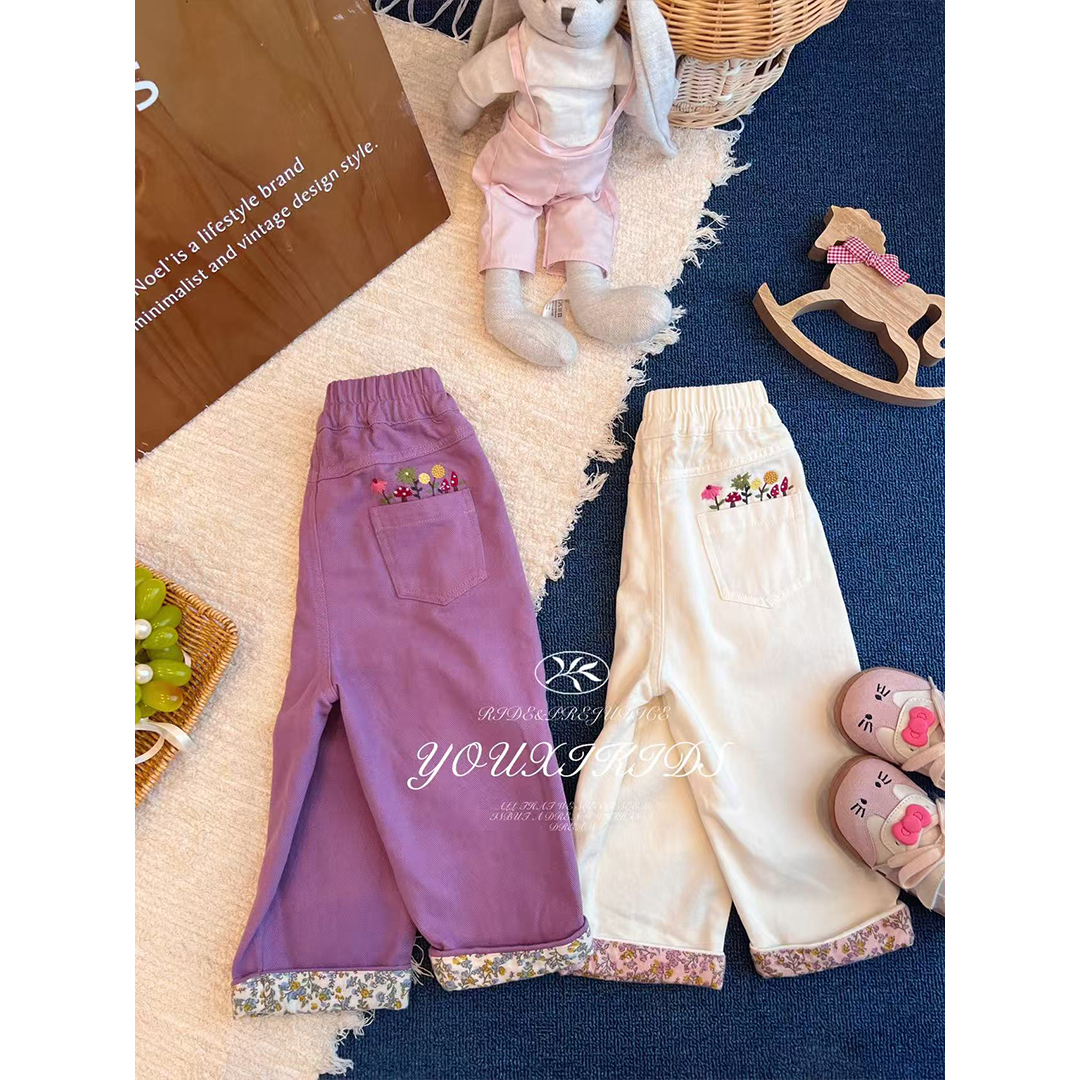 现飞飞家秋日庄园25秋款女童纯棉碎花刺绣百搭洋气休闲裤 FF2892