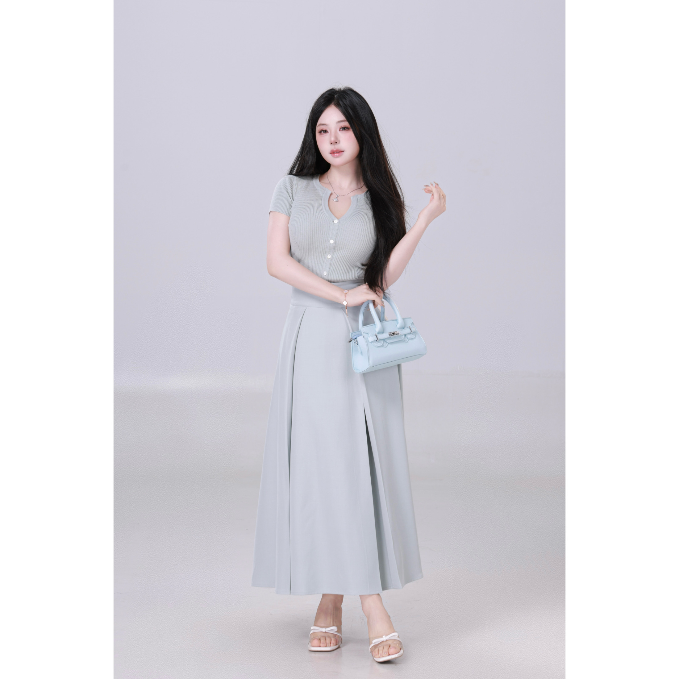 清清萌面侠【温柔禅意】简约上衣高腰长半裙5225M5218