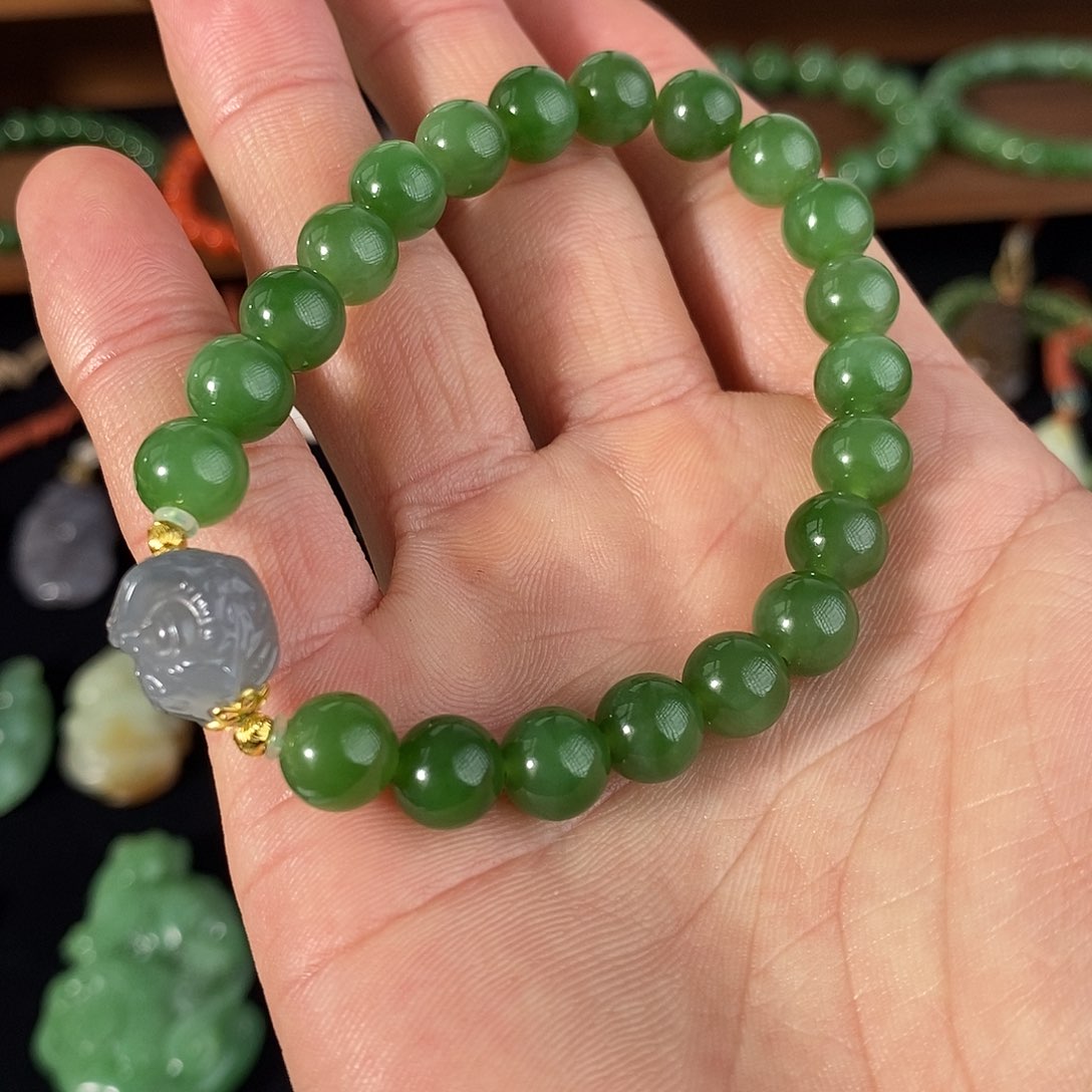 和田玉手串未镶嵌碧玉设计款卡8mm