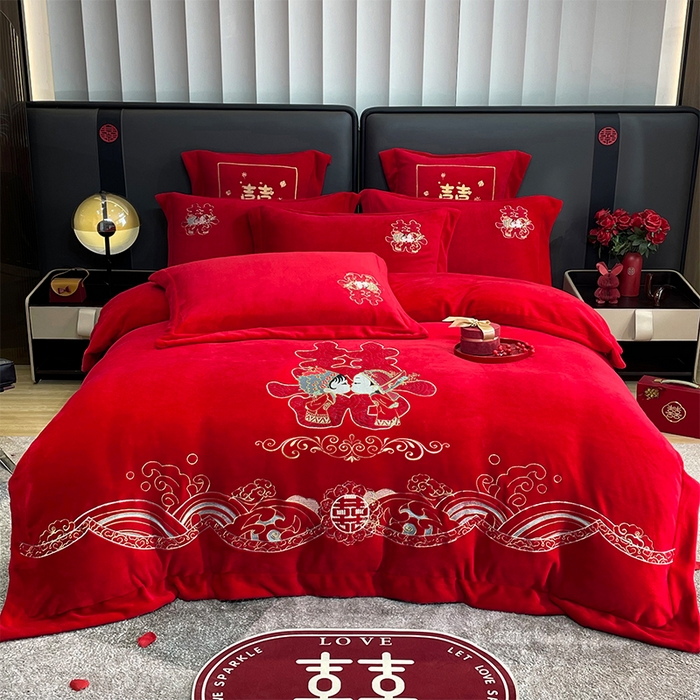  2025新款高端【全工艺消光牛奶绒】绣花刺绣婚庆款加厚四件套