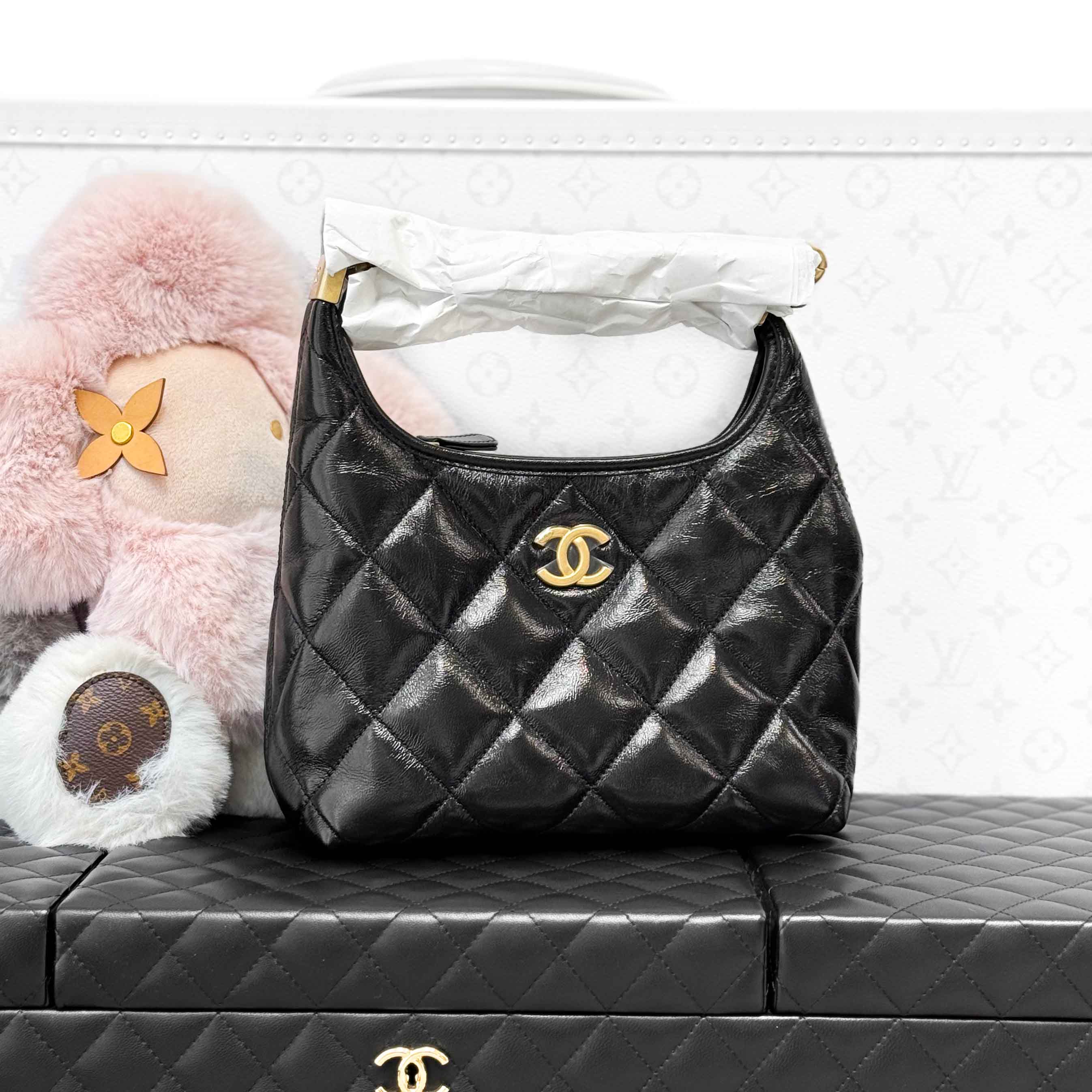 99新 Chanel/香奈儿 24A爆款黑金菱格纹油蜡皮Hobo腋下包 