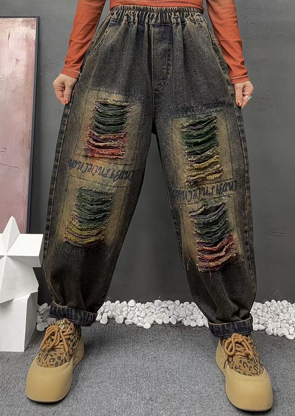 春秋新款女装字母破洞喷彩水洗牛仔裤休闲个性时尚松紧腰哈伦裤女