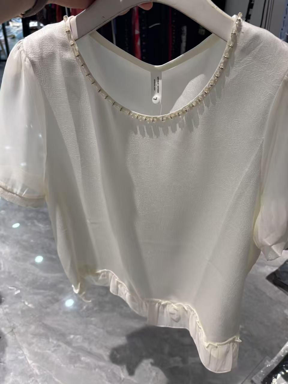 【丽丽家】夏季新款高端大牌短袖领钻显瘦花边上衣30