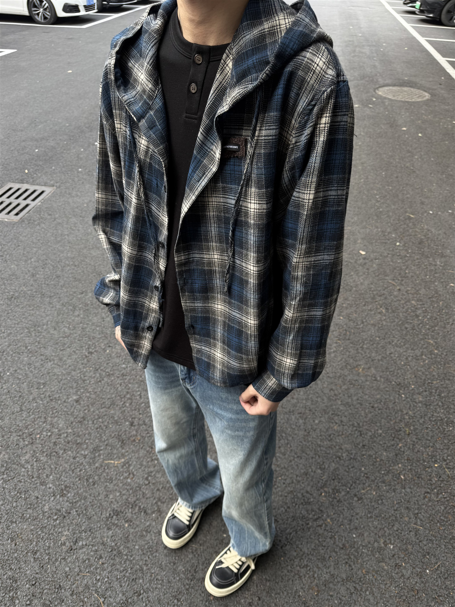 美式复古撞色格纹连帽衬衫女男春季新款潮宽松慵懒百搭衬衣