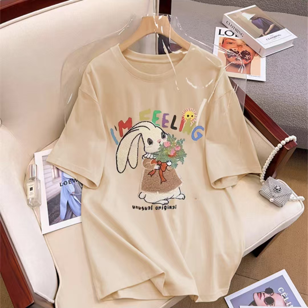 拉夏贝尔商场专柜短袖T恤女春夏季新款刺绣打底衫百搭圆领上衣ins