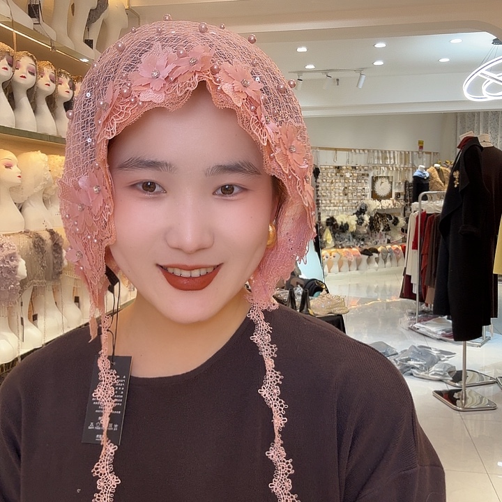 纯棉香芋粉梦莎丝带帽