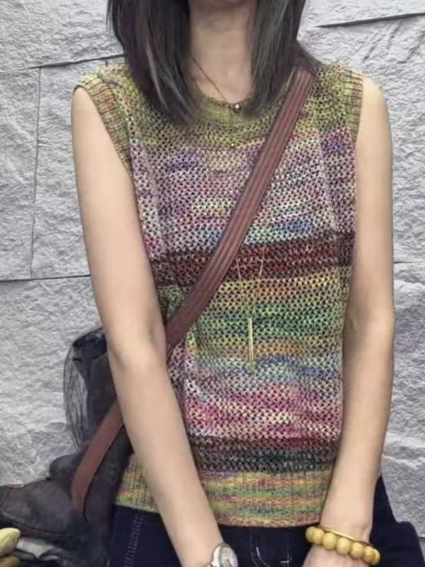 夏季复古彩线设计感条纹无袖针织镂空圆领洋气女背心2656