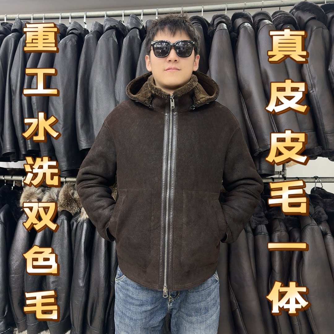 男士冬季真皮皮毛一体棕色原生态重工水洗戴帽短款复古保暖外套