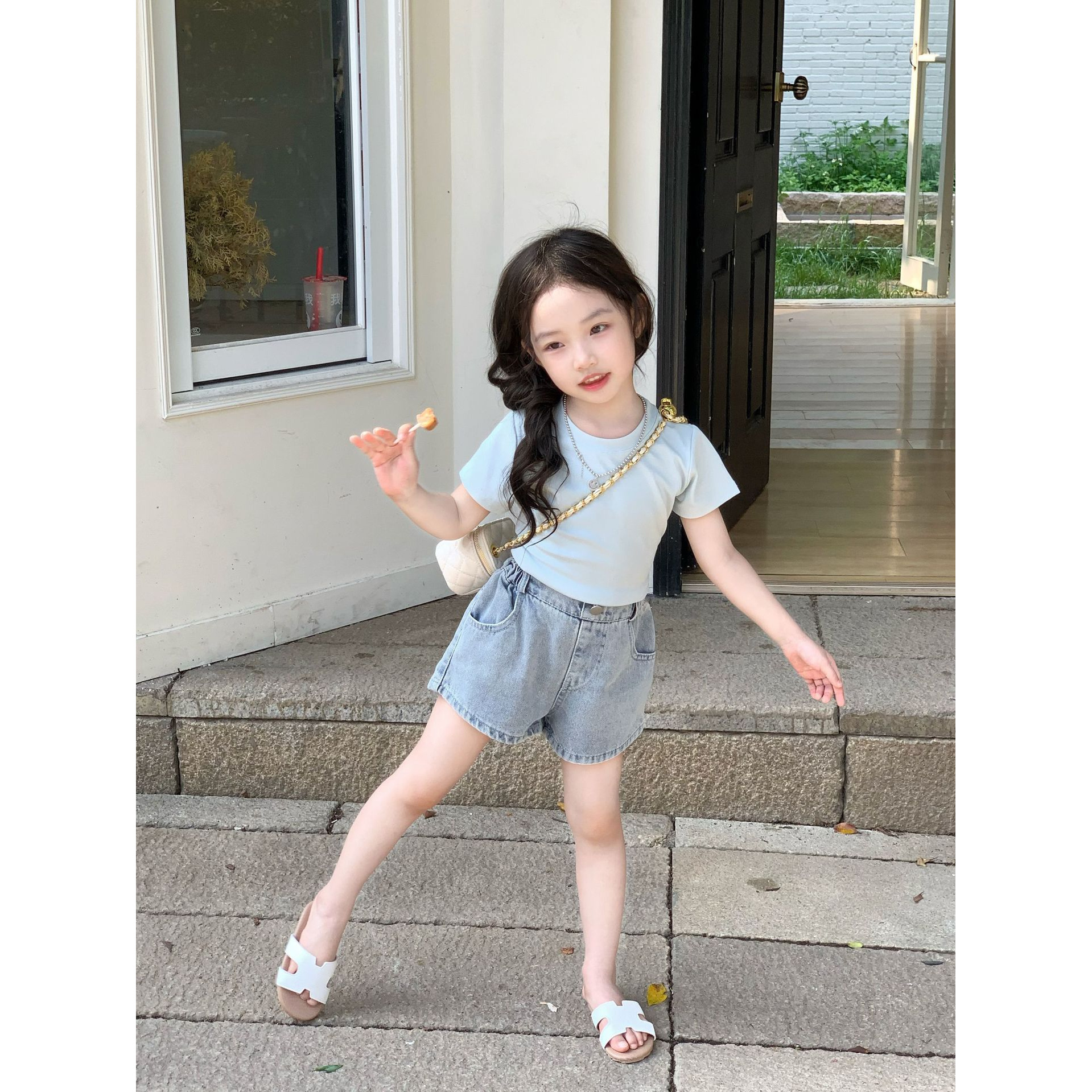 小粉象 ·2025夏季新款女童韩版修身上衣短袖百搭牛仔短裤套装