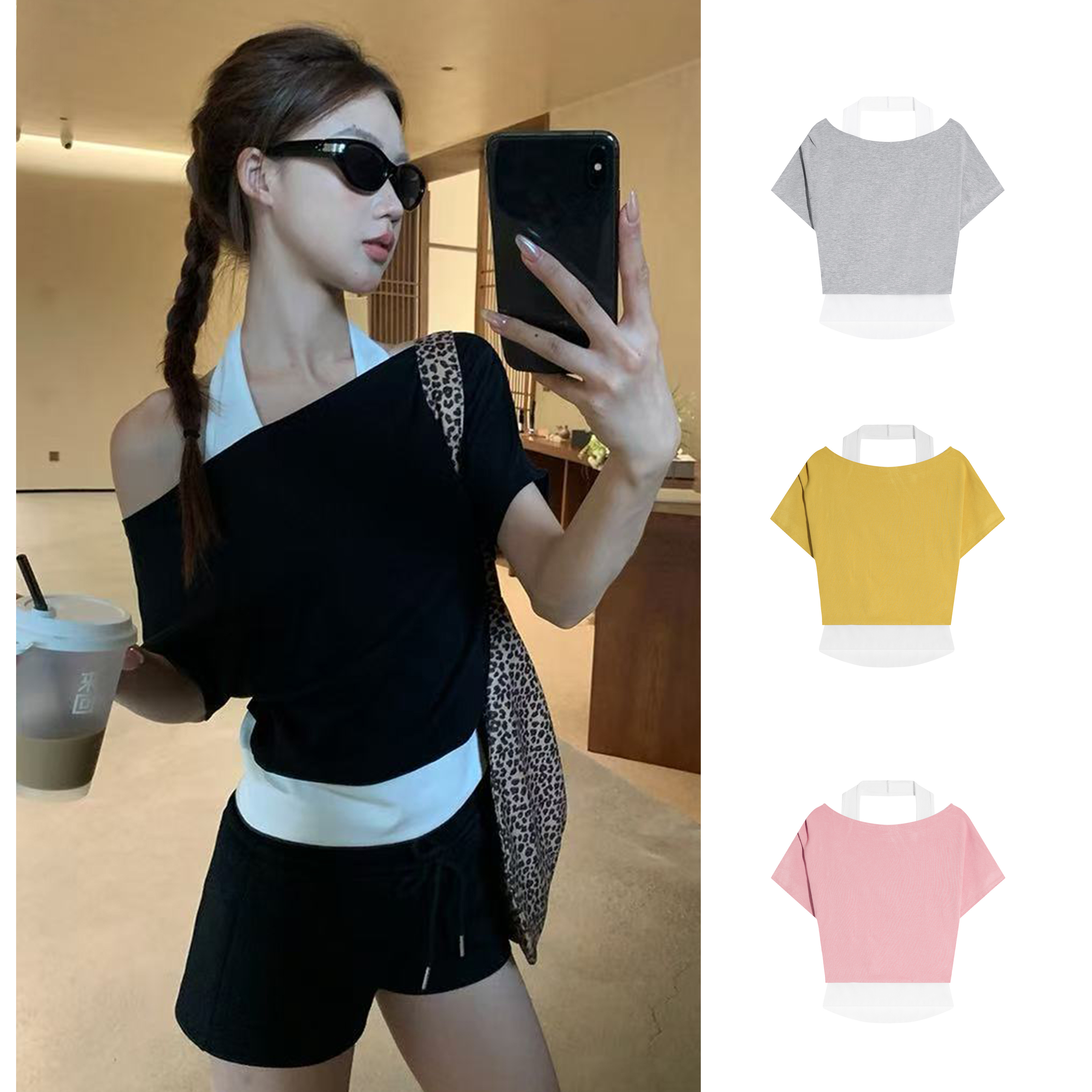 拼接挂脖假两件斜肩短袖T恤女夏新款设计感宽松气质露肩上衣6828