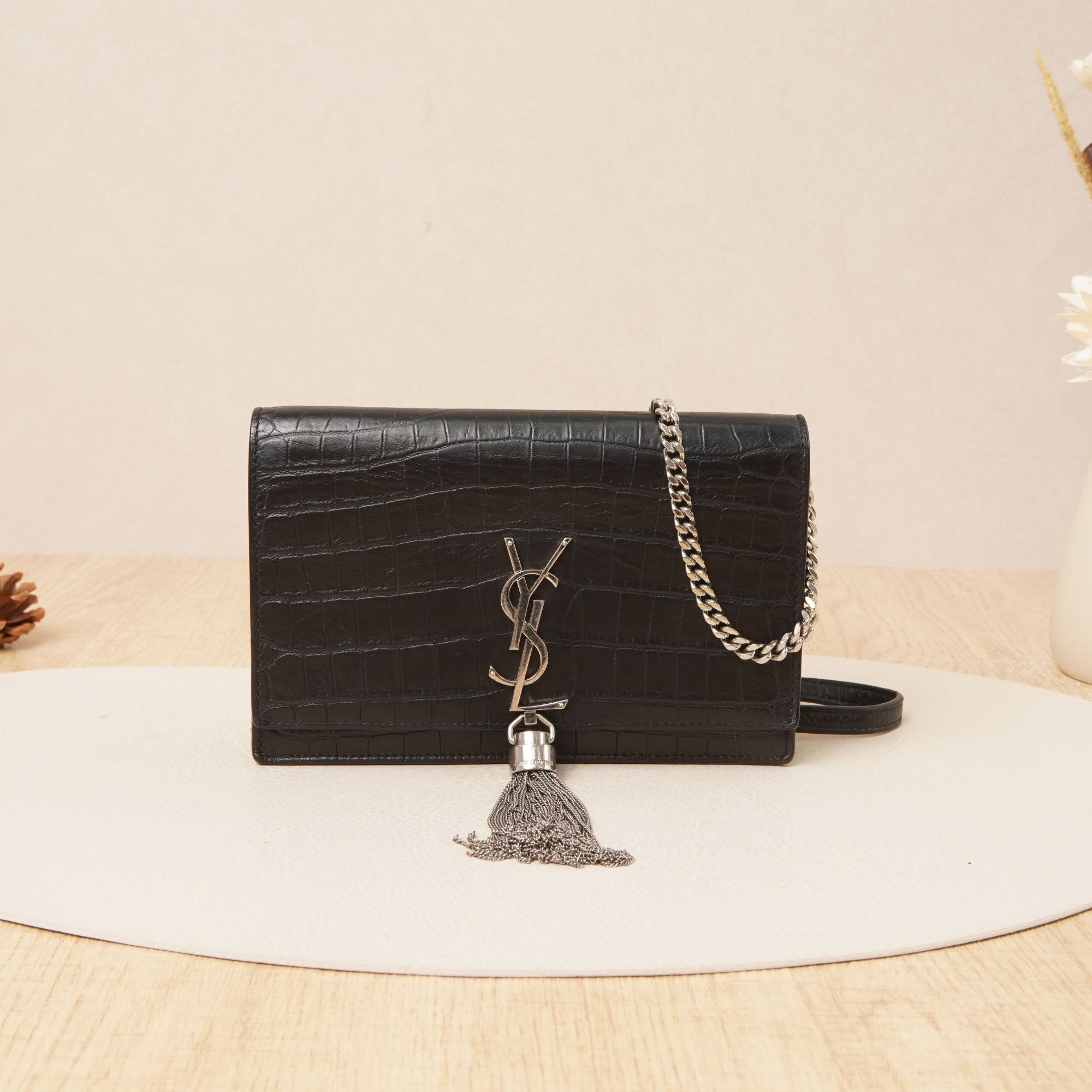 95新 YSL/圣罗兰 链条信封流苏包鳄鱼压纹小号DS025397