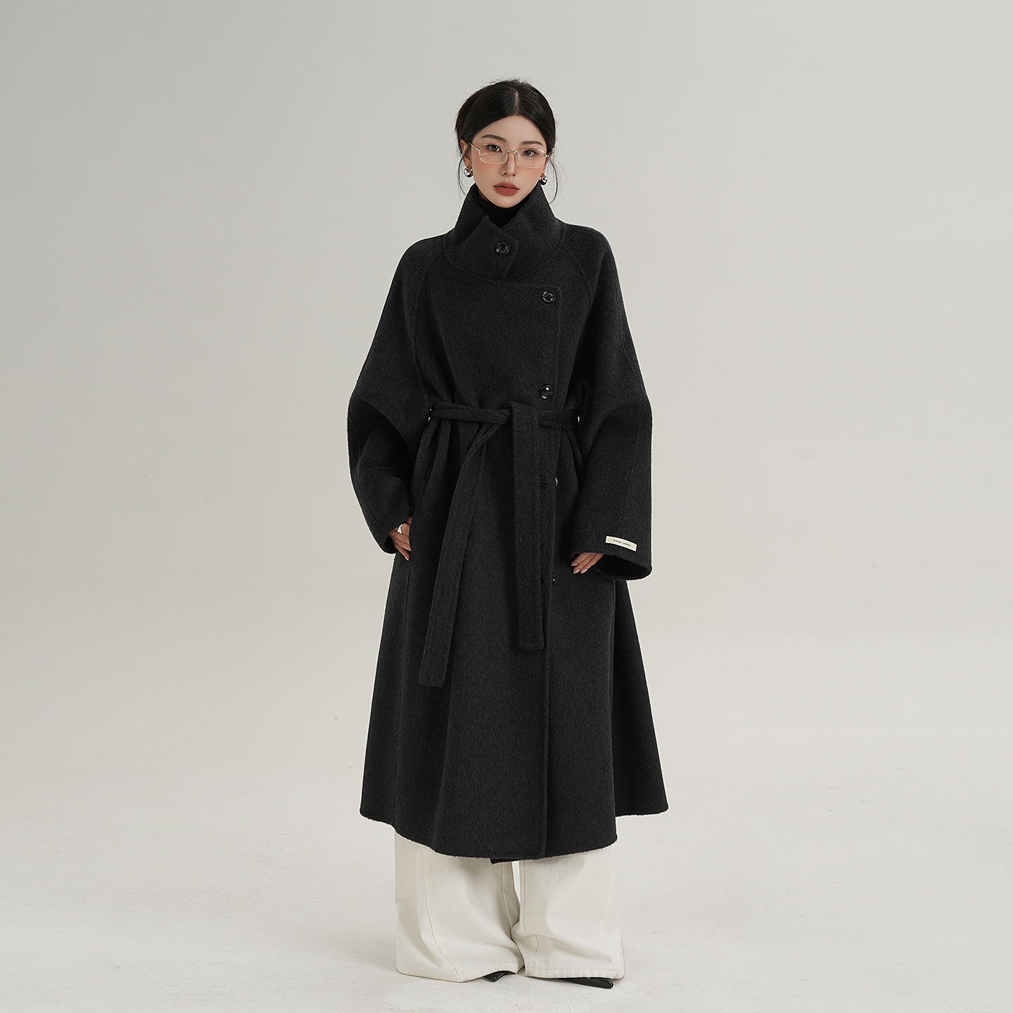 SRYS AME高级感气质立领炭黑长款羊毛大衣双面呢子外套冬季新款女