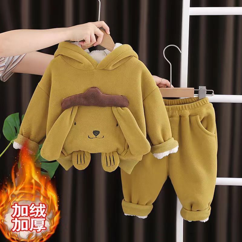 儿童加绒套装新款婴儿卫衣男童连帽宝宝秋冬加厚洋气两件套冬装