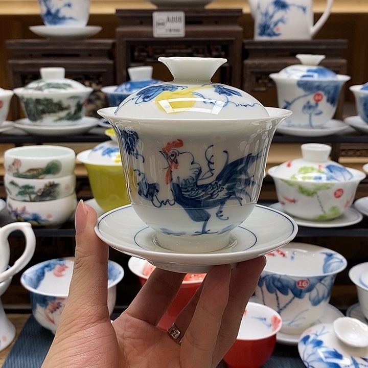 手绘公鸡盖碗160cc釉下彩微瑕福利款