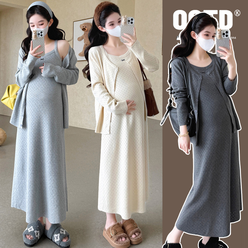 【安安】孕妇装春秋季时尚外套+吊带连衣裙两件套韩版气质孕妇套装