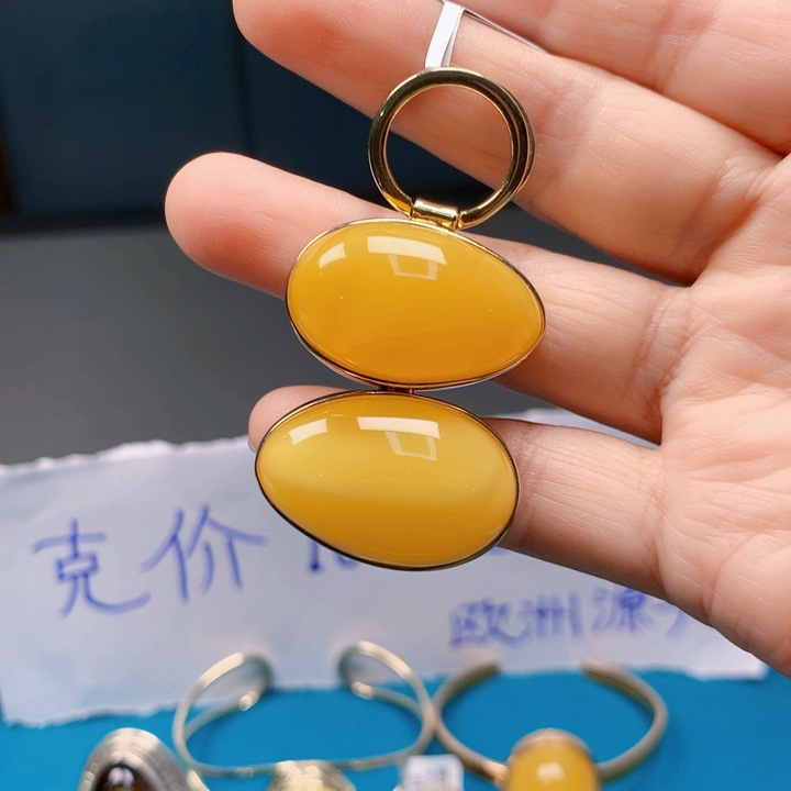 银S925镀金镶嵌颈饰琥珀波兰琥珀蜜蜡设计款