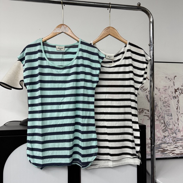 4786条纹圆领盖袖设计优雅气质休闲T恤