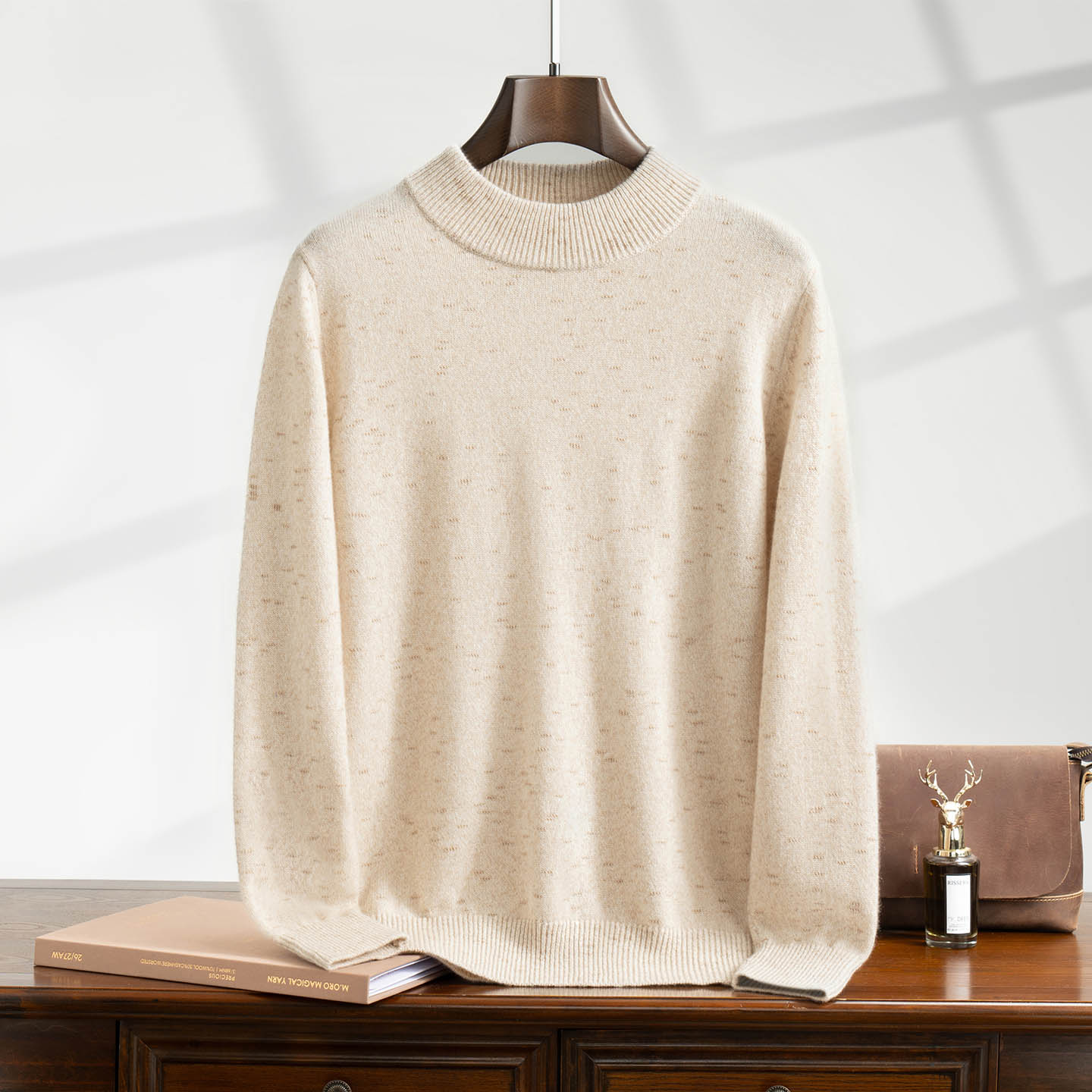 纯山羊绒男士半高领套头毛衣璀璨星空花纱休闲宽松打底针织衫065