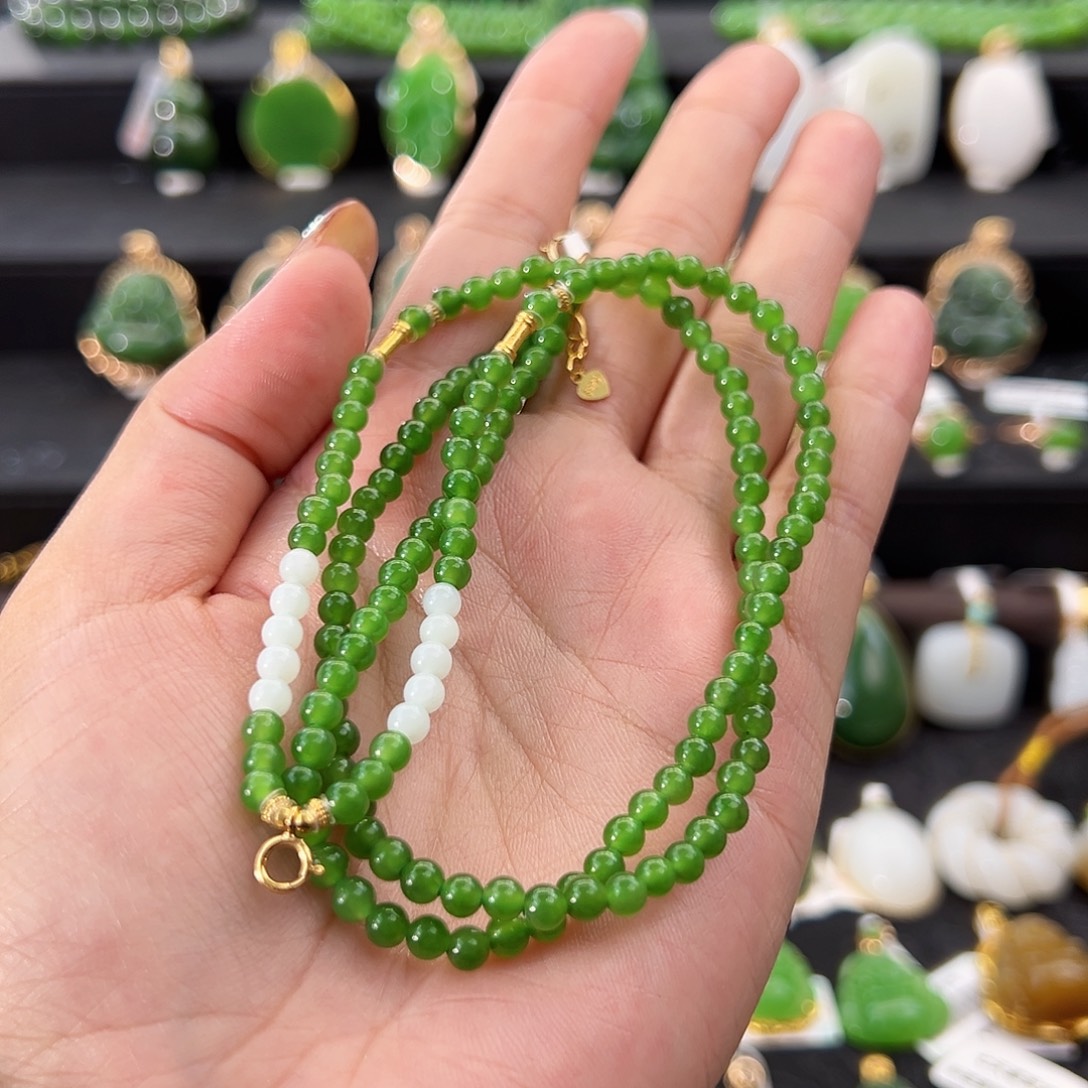 和田玉（碧玉）未镶嵌项链果绿万能链4mm