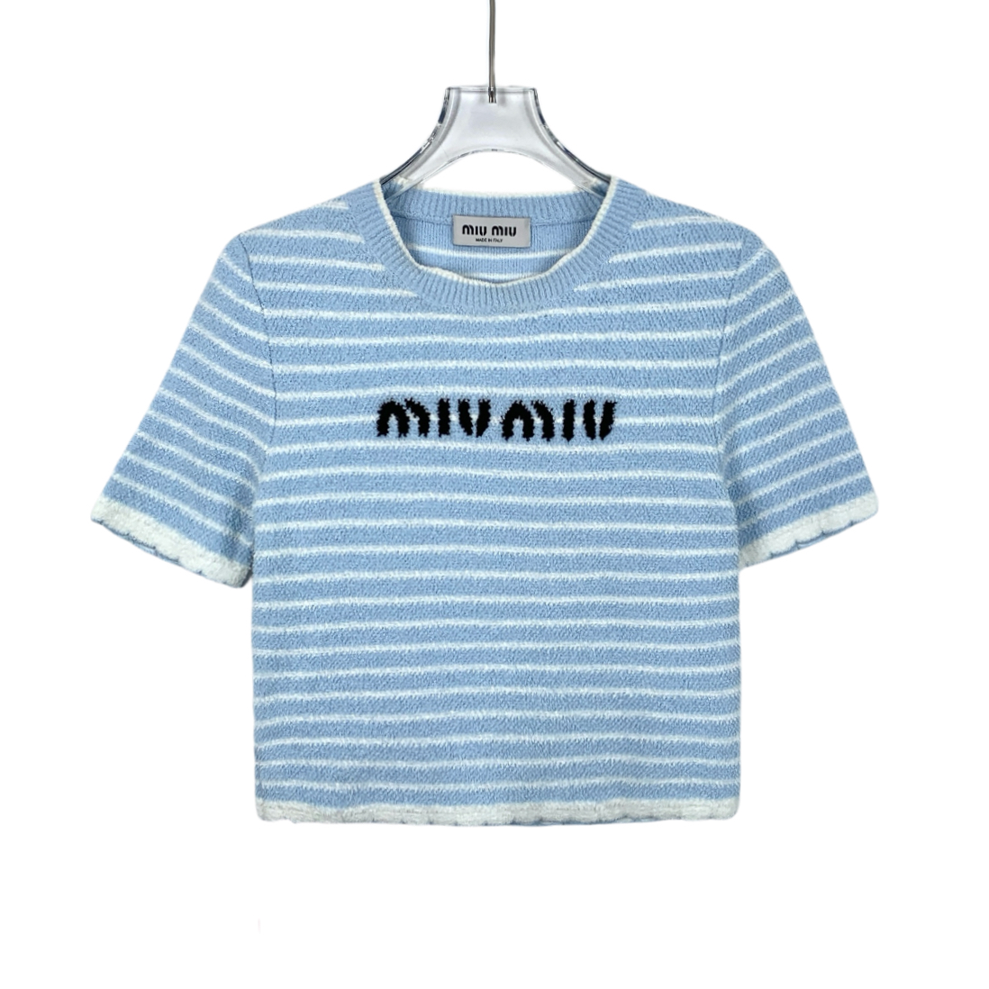 99新 MIU MIU/缪缪 CW0011 logo字母嵌花条纹短袖针织衫 S码