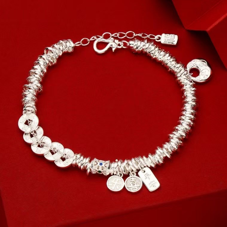 足银手链 【银喜生】实心重工五帝钱盘缠手链