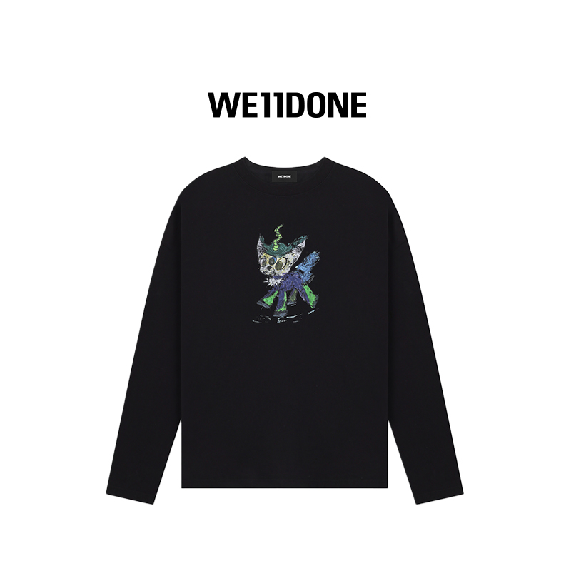 【25早春新品】WE11DONE男女白色JEFF小怪兽绘图圆领长袖T恤25-745