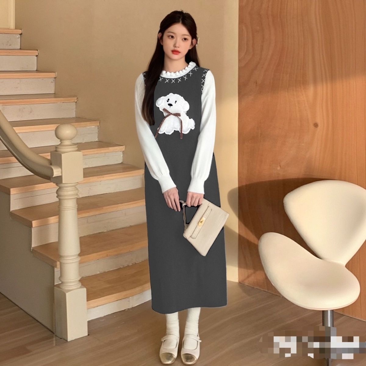 秋冬复古旋律女装灰色小狗马甲假两件针织连衣裙减龄时尚连衣裙