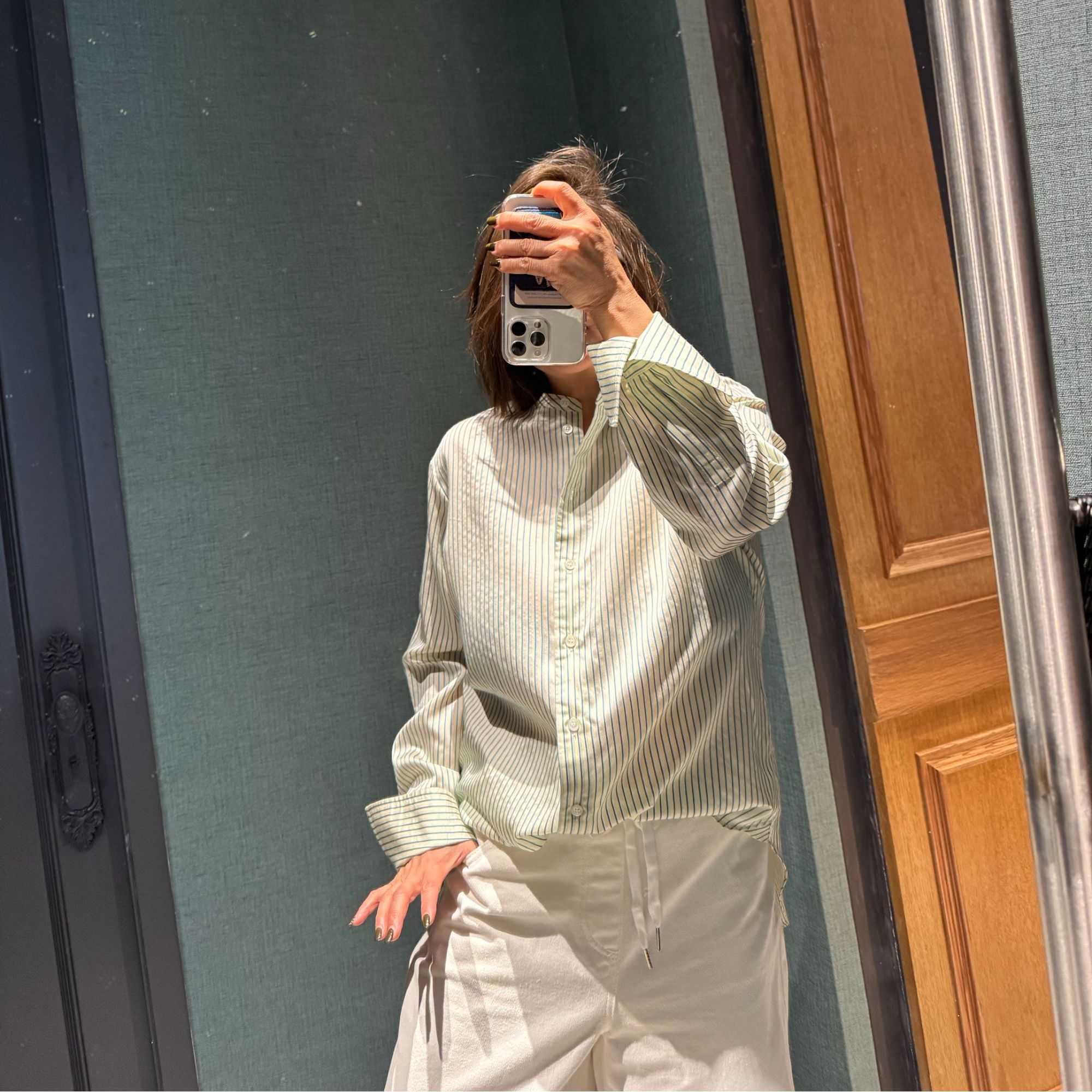 COCOLINDA | 100%桑蚕丝19姆咪浅度假风黄蓝条衬衫K3098