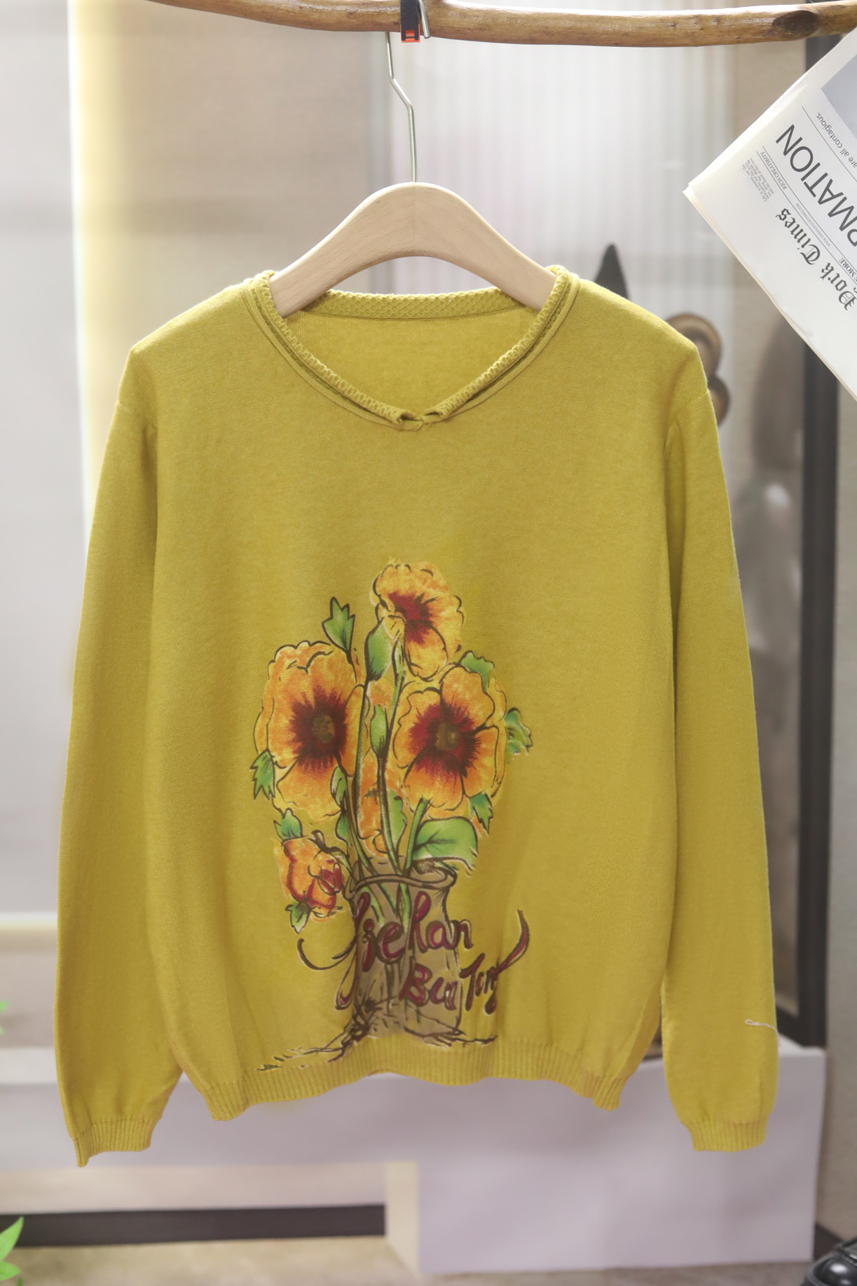 「梵高暖阳」春秋慵懒风圆领百搭复古印花植语大码针织衫3237