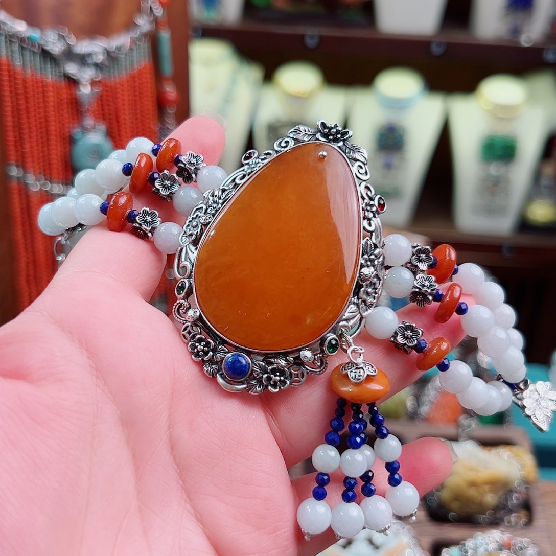 琥珀银S925镶嵌手链国风