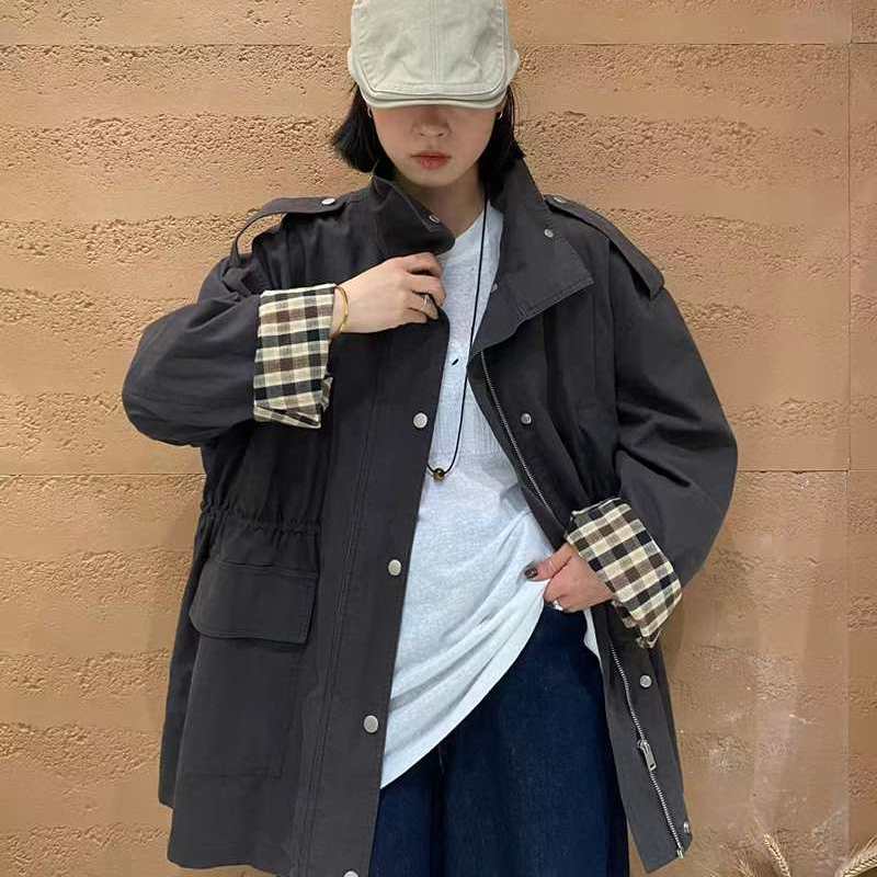 TY55622风衣女中长款慵懒风韩版休闲宽松大码立领大口袋工装外套