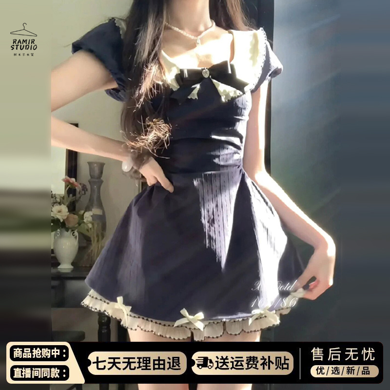 4350蝴蝶结学院风蓝色连衣裙子女夏季小个子收腰a字蓬蓬短裙
