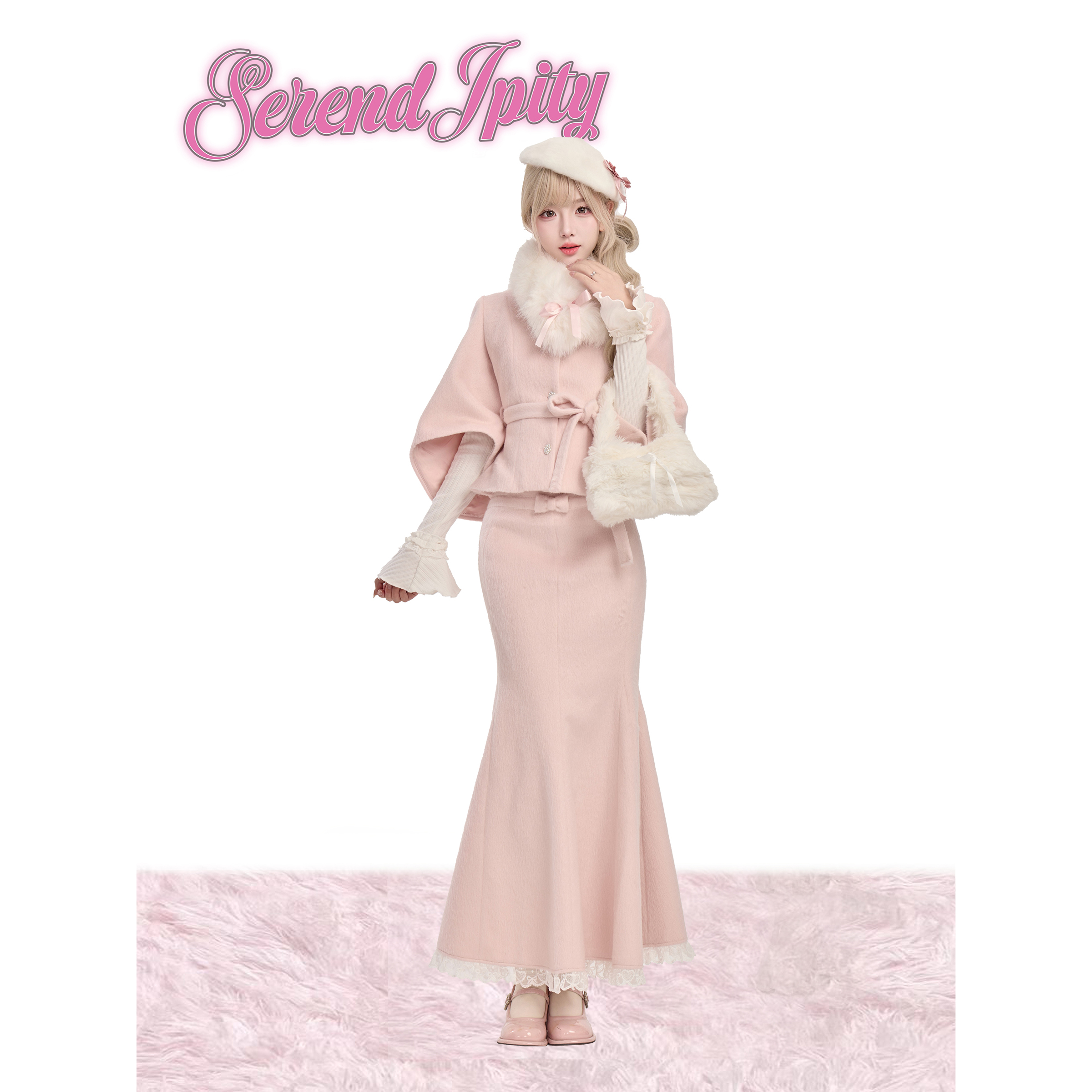 绒雪恋曲 少女椰子原创 千金系冬季针织上衣+毛呢短外套+鱼尾裙