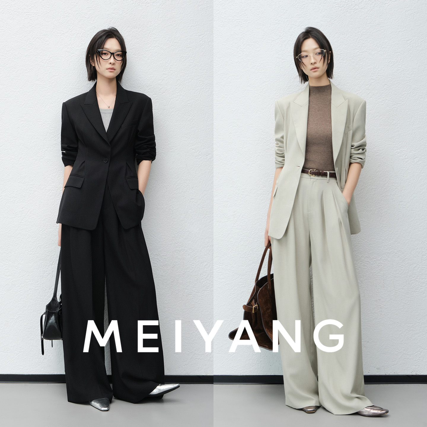 美洋MEIYANG 沙漏套装 花纱仿麻通勤休闲西装外套直筒西裤-周一