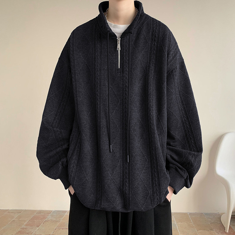 男士秋季新款半拉链日常纯色简约提花立领宽松百搭休闲长袖卫衣