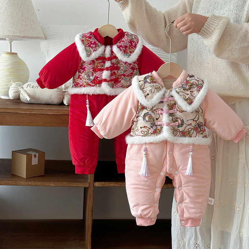 HD婴儿连体衣加厚棉女宝宝哈衣加绒保暖公主中国风爬服ZPD3448