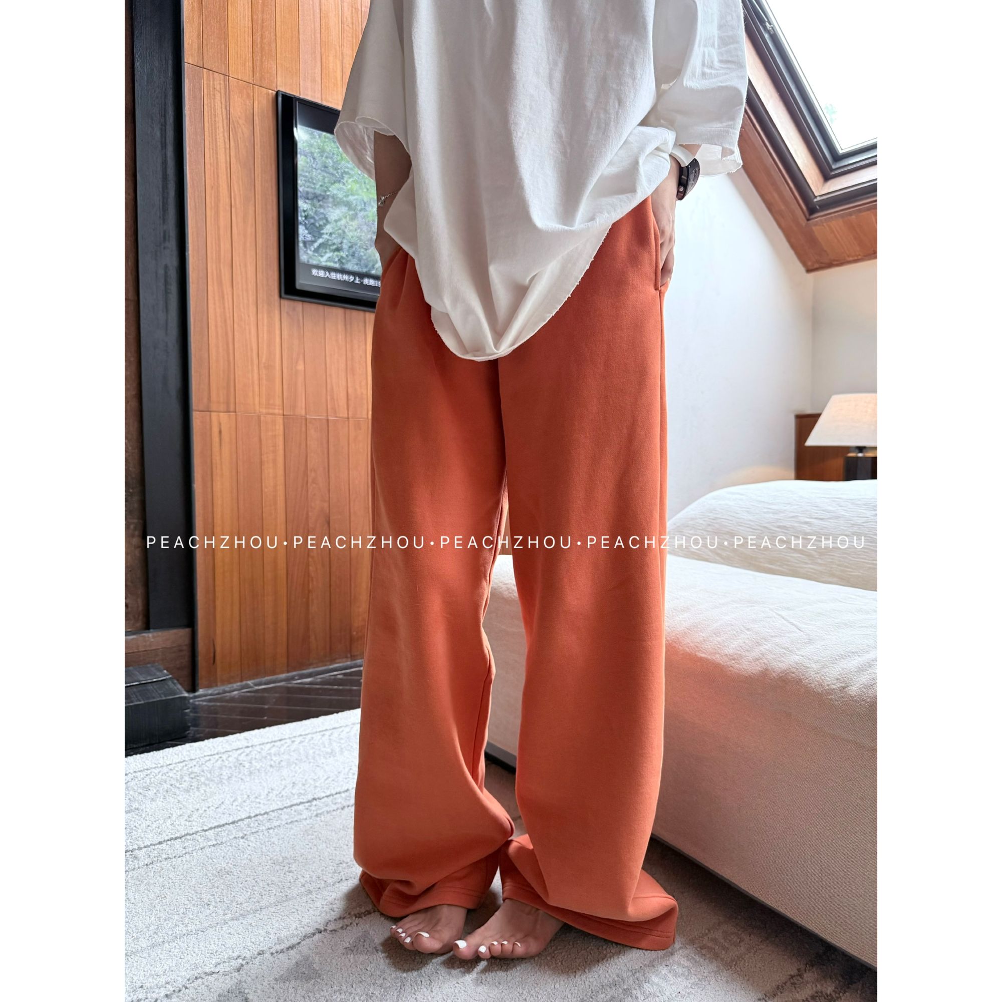 『PEACHZHOU』精梳棉橘色针织加绒宽松休闲裤松紧腰洋气松弛阔腿裤