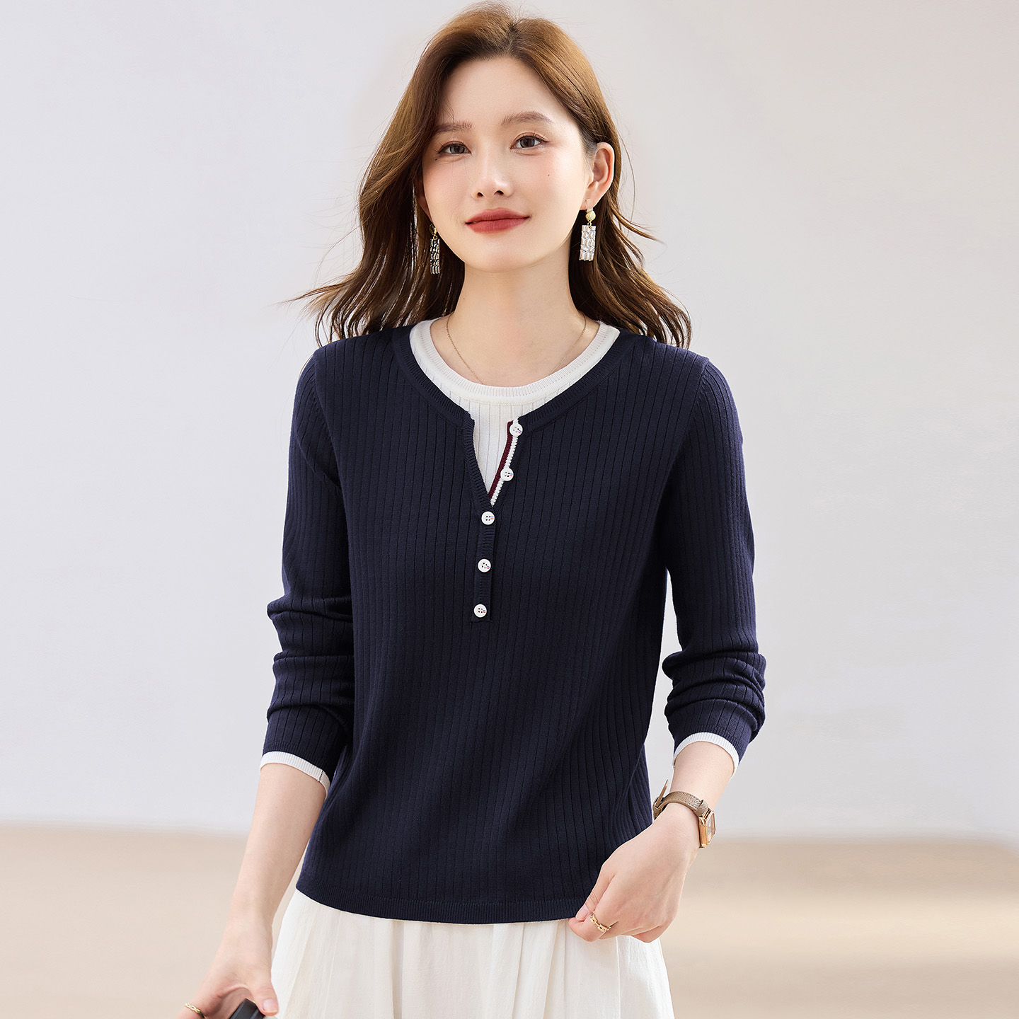 假两件洋气针织衫防静电保暖长袖冬季宽松遮肉上衣显瘦减龄时髦女